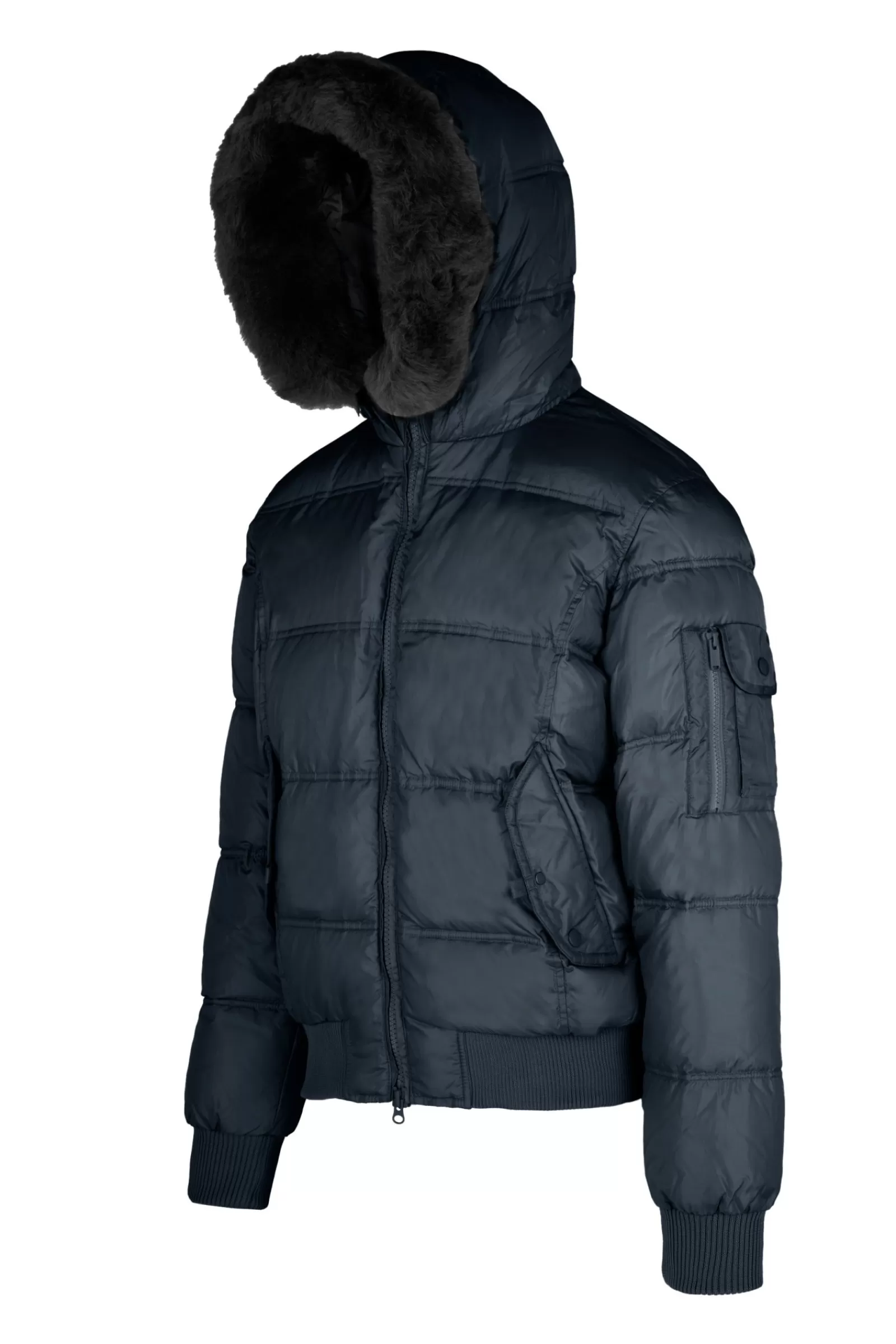 Uomo Bomboogie Bomber>Bomber Imbottito In Piuma Con Bordo Cappuccio In Vera Pelliccia Nera