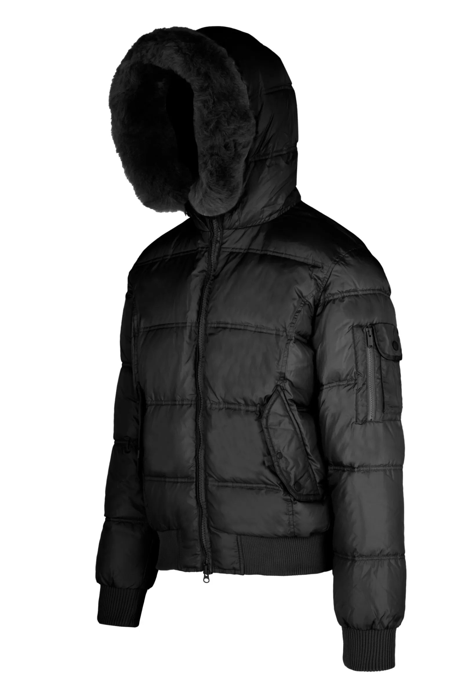 Uomo Bomboogie Bomber>Bomber Imbottito In Piuma Con Bordo Cappuccio In Vera Pelliccia Nera