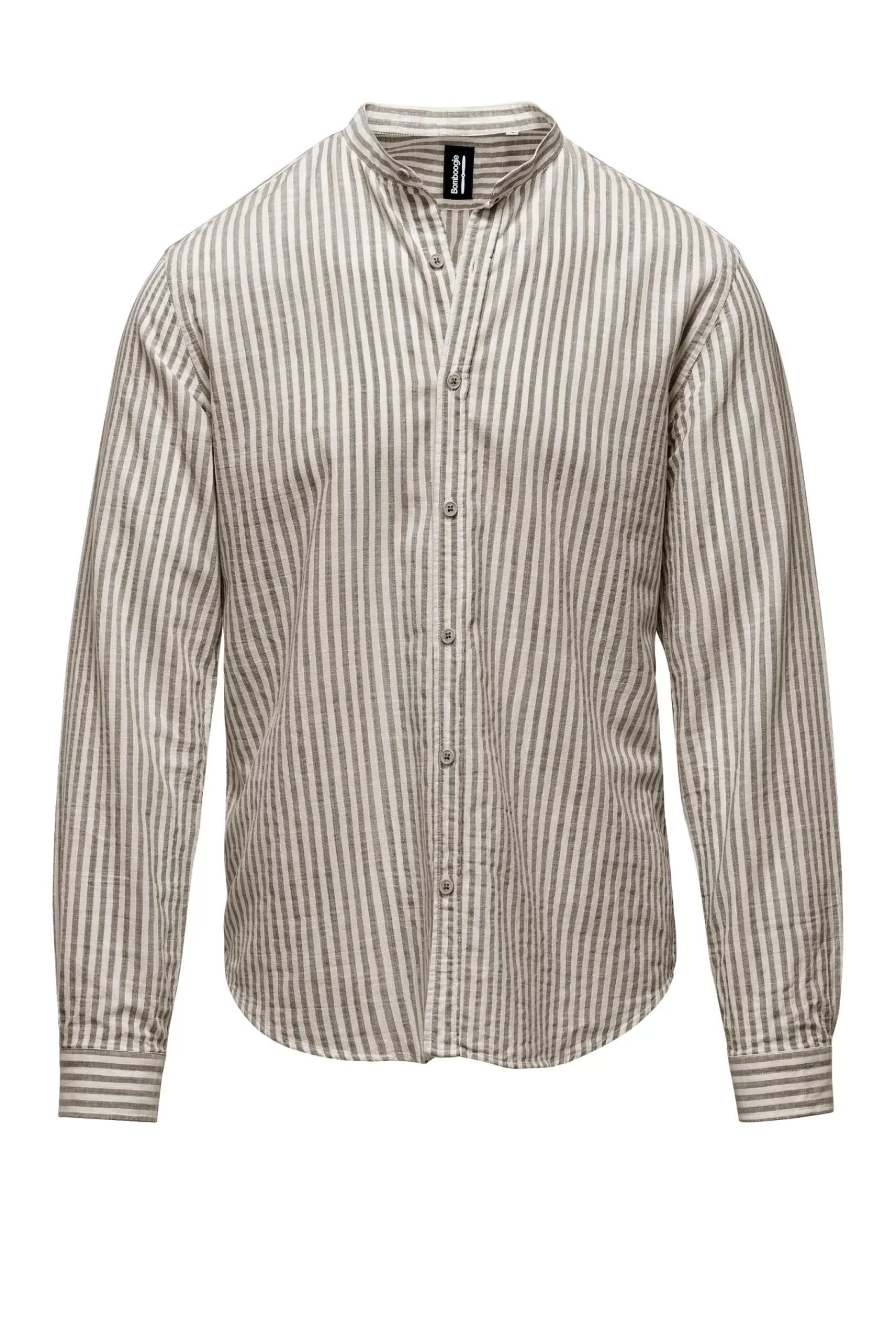 Uomo Bomboogie Camicie>Camicia In Lino/Cotone A Righe Con Collo Alla Coreana