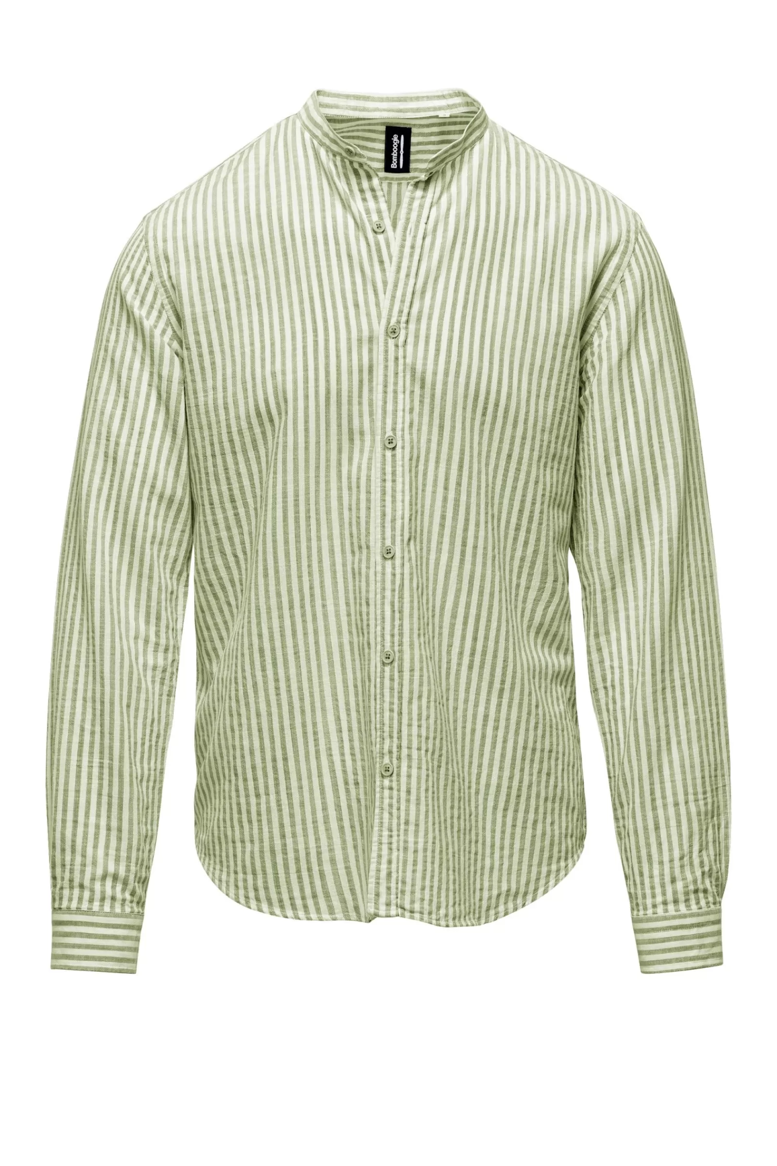 Uomo Bomboogie Camicie>Camicia In Lino/Cotone A Righe Con Collo Alla Coreana