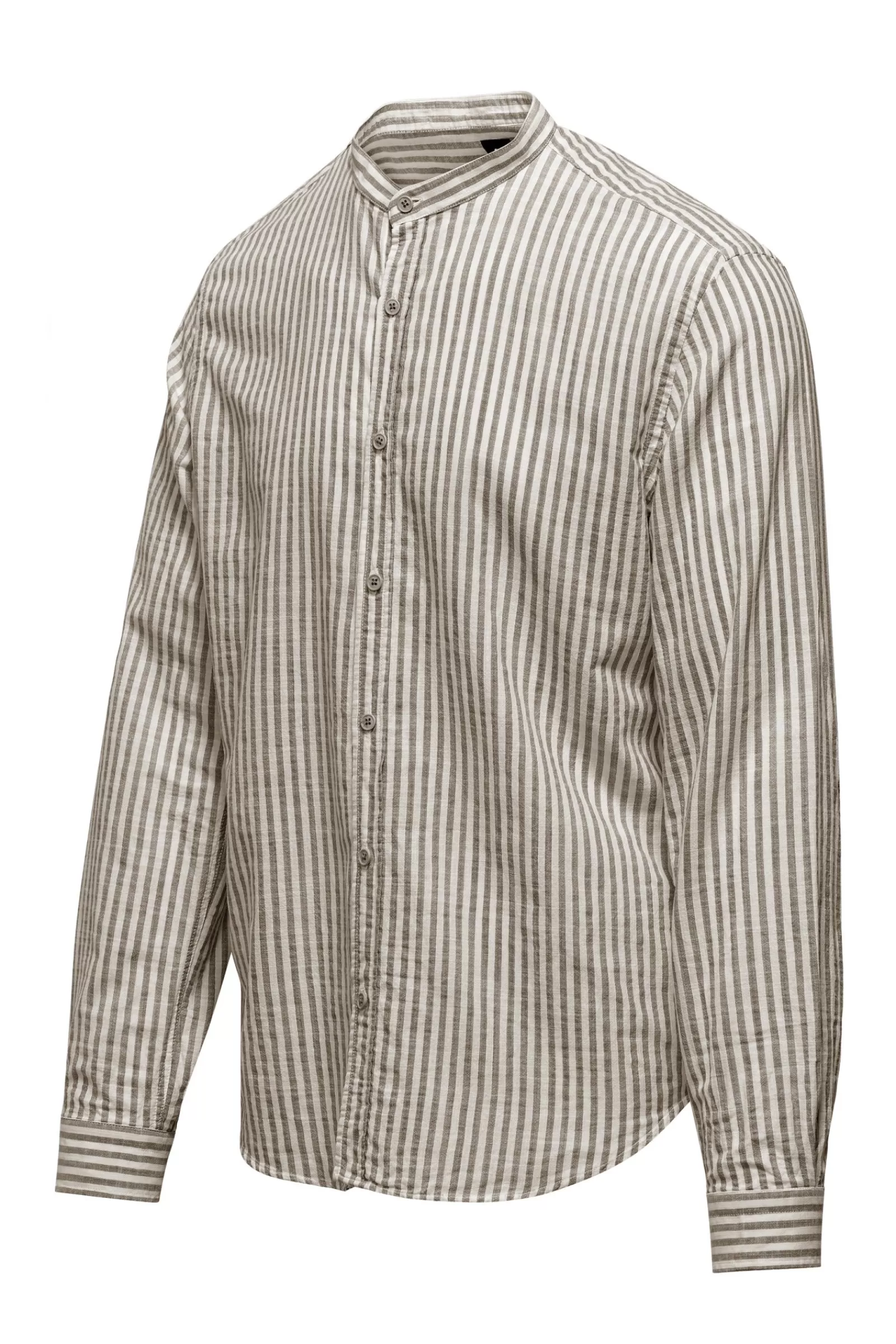 Uomo Bomboogie Camicie>Camicia In Lino/Cotone A Righe Con Collo Alla Coreana
