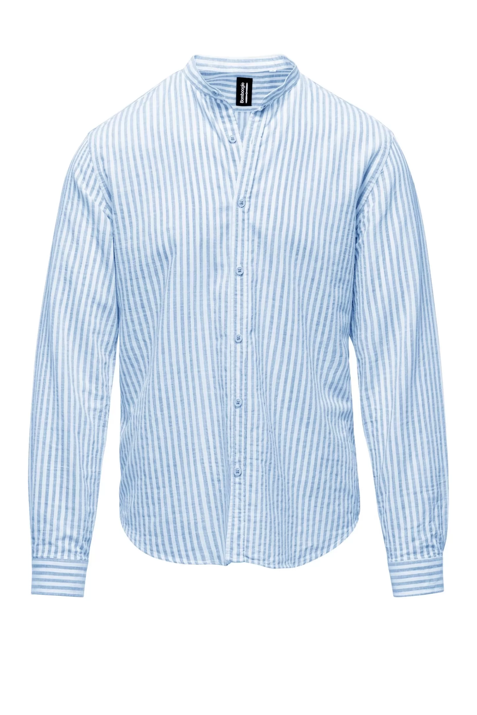 Uomo Bomboogie Camicie>Camicia In Lino/Cotone A Righe Con Collo Alla Coreana